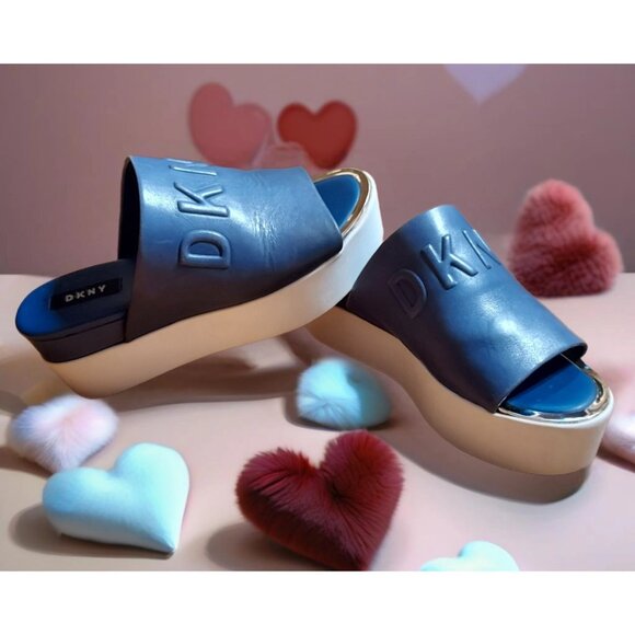Blue Shoes - Slip On Sandles DKNY Leather Mules Blue White Chunky Heel Women USA7.5 EU38 UK 5